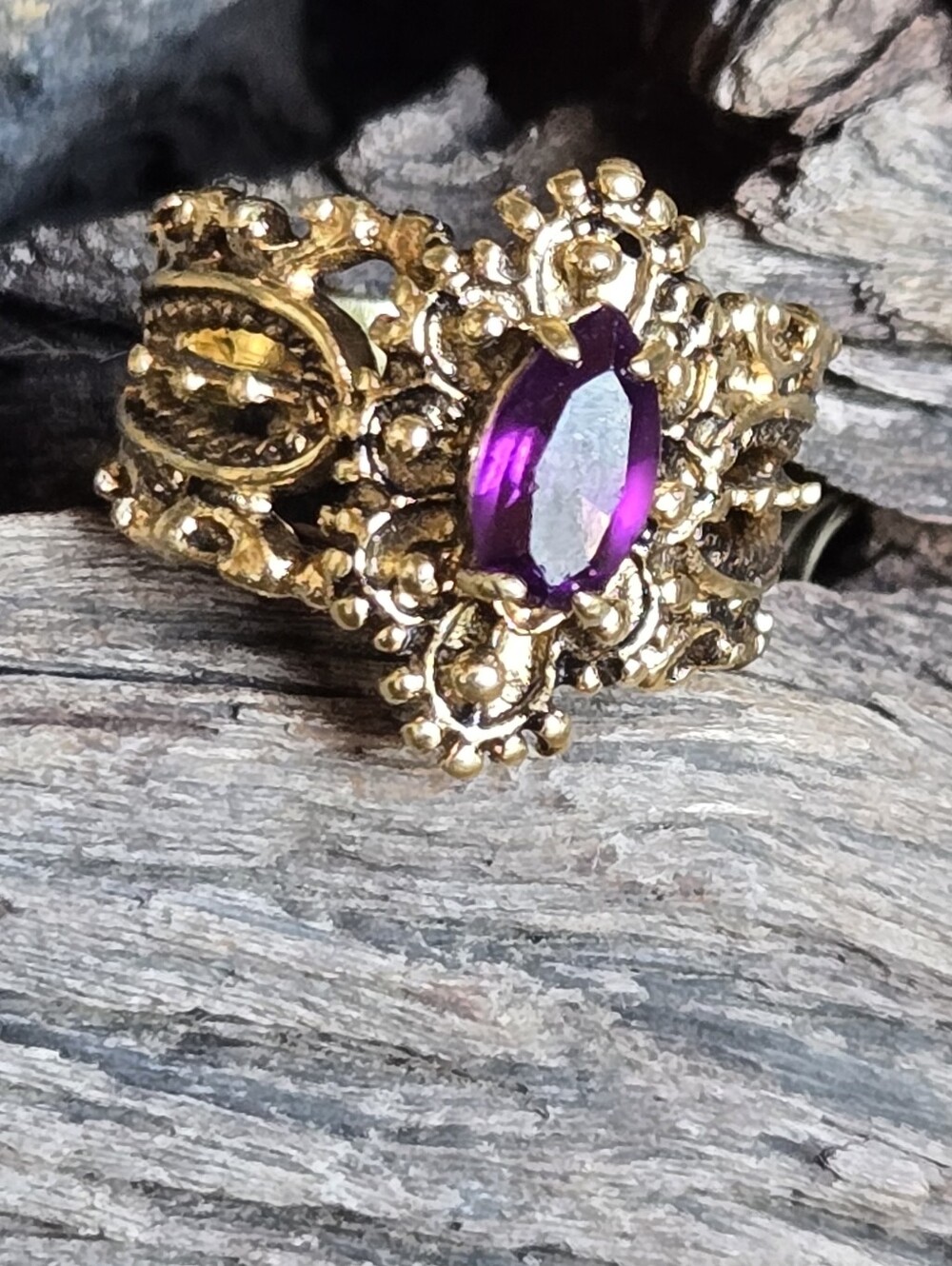 Vintage 18KT GE Gold Electroplate Purple Marquise Stone Ornate Cocktail Ring